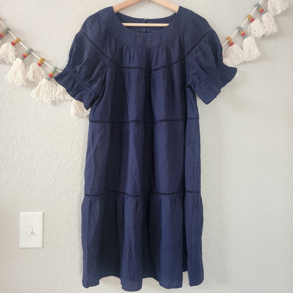 Ann Taylor Navy Tiered Eyelet Short Sleeve Mini Dress Minimalist Contemporary M